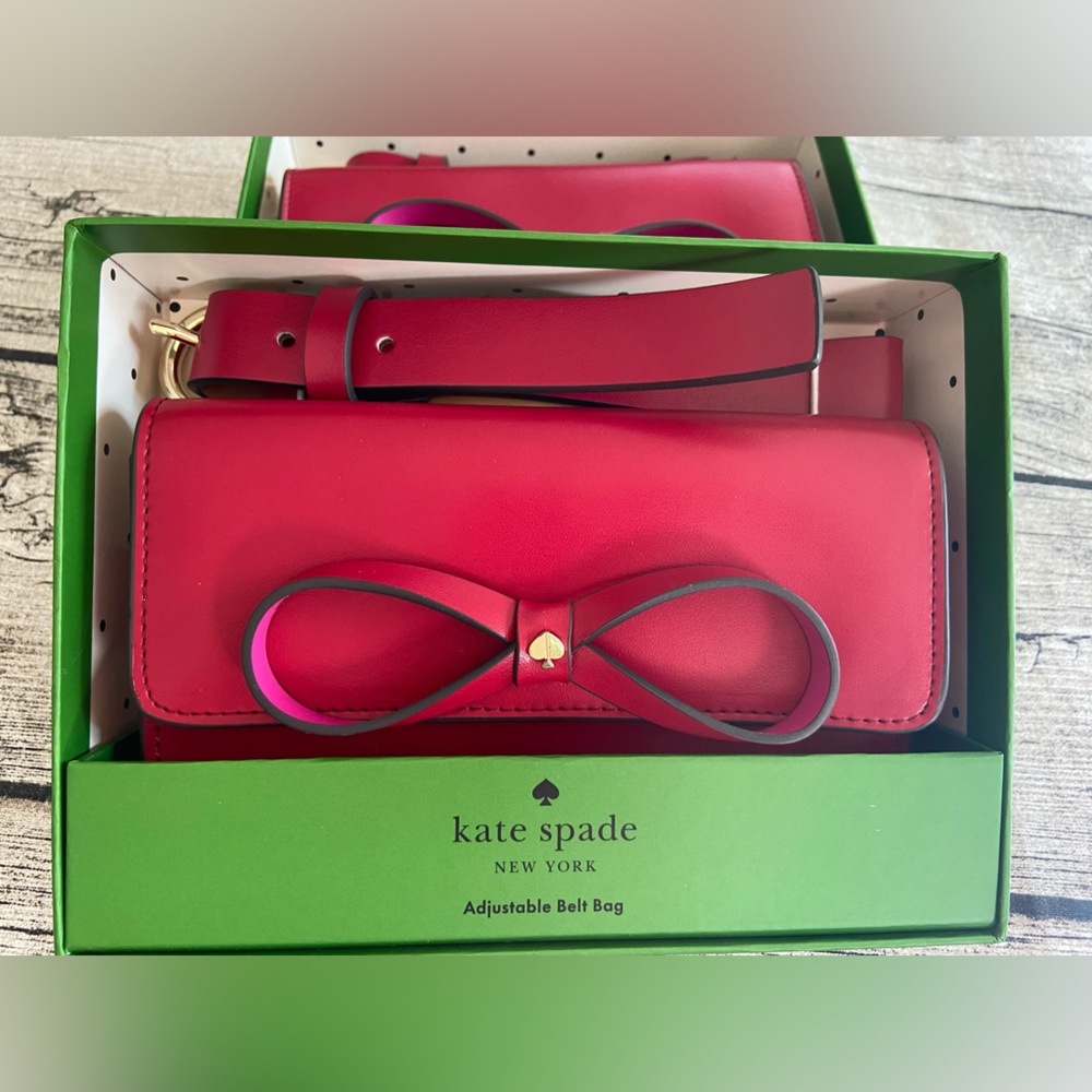 NWT! Kate Spade authentic leather waist bag/belt bag/crossbody red with pink bow - Picture 2 of 15
